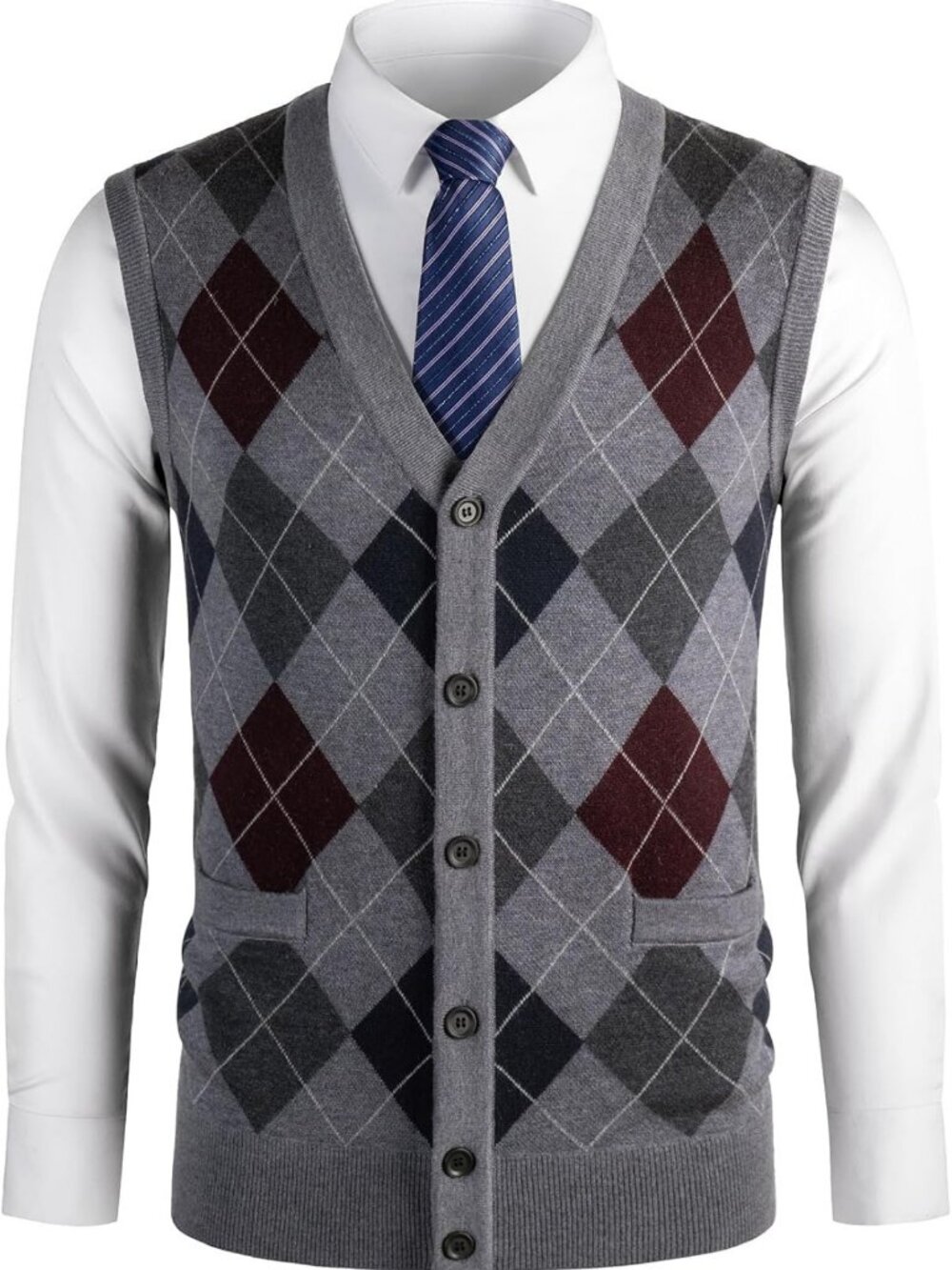Men's Thick Argyle Sweater Vest - Classic V-Neck Knit Pullover for Fall/Winter